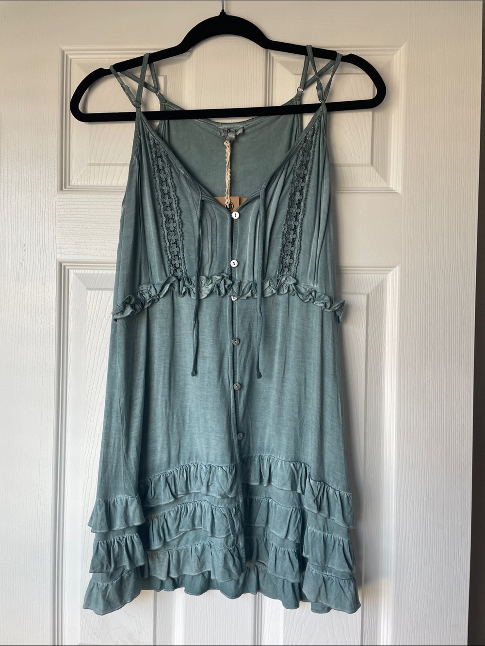 POL Ruffled Tiered Button-Front Sundress in Dusty Teal